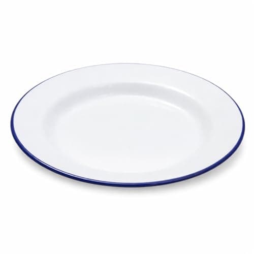 Image of Premium Quality Traditional Enamel White Blue Trim Dinner Plate 22cm, Round Deep Dish for Rice, Pasta, Soup, Pie, Mixing Bowl, Tableware Crockery, Dishwasher/Microwave/Freezer Safe