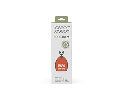 Image of Joseph Joseph IW4 Eco Recycled plastic Bin Liners, Kitchen Waste Bags With Tie Tape Drawstring Handles, Extra Strong – Pack of 20, Holds 50 Litres, Grey