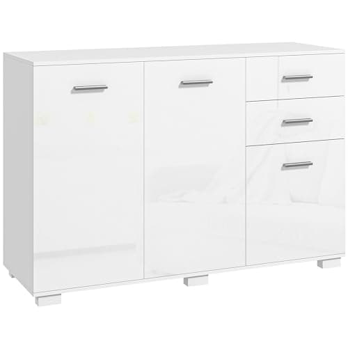 Image of HOMCOM Sideboard, Modern Storage Cabinet with 2 Drawers, 3 Doors and Adjustable Shelves, Kitchen Cabinet for Living Room, Dining Room, High Gloss White