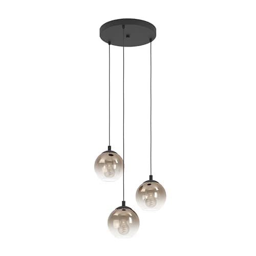 Image of Eglo Cluster Pendant Lighting Ariscani, 3-Light Hanging lamp for Dining Table, Ceiling Light Fitting Living Room, Black Metal and Copper Coloured Glass, E27 Socket, Ø 42.5 cm