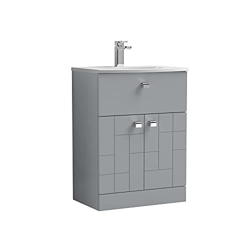 Image of nuie Modern Bathroom Floor Standing 2 Door 1 Drawer Vanity Unit with Curved Ceramic Basin with 30mm Profile, 600mm, Satin Grey
