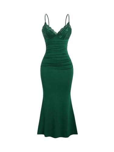 Image of GORGLITTER Women's Lace Ruched Spaghetti Straps Bodycon Maxi Dresses Cocktail Party Pencil Long Dress Evening Gowns Wedding Guest Dresses Dark Green XS