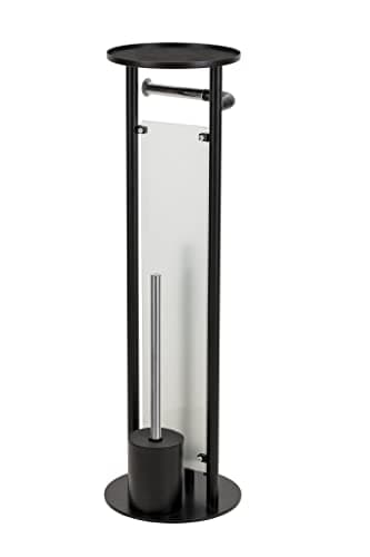 Image of Croydex Freestanding Toilet Butler - Matt Black Toilet Brush & Holder - Features Spare Roll Storage & Shelf - Matt Black and Chrome Finish, All-In-One Toilet Brush Set