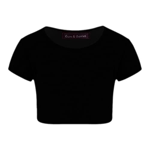 Image of Kids Girls Neon Fluorescent Plain Short Sleeve Crop Tops T-Shirt Tee Top Dance Wear Gymnastic Fancy Dress Colour: Black - Size: 13-14 Years