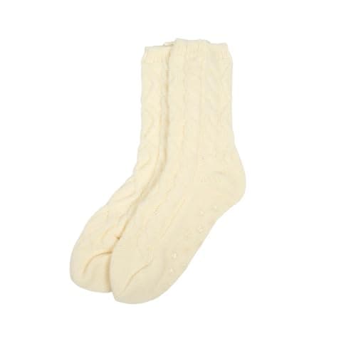 Image of OHS Cable Knit Slipper Socks Women Soft Winter Warm Slipper Socks with Grippers Non Slip Thermal Bed Sock with Fluffy Lining Gifts for Women & Men, Cream - One Size