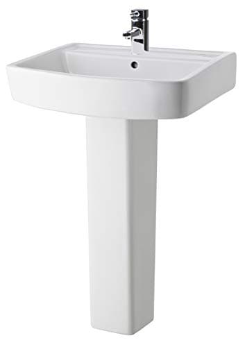 Image of Balterley 600mm Bathroom Sink, Full Pedestal Ceramic Square Bowl Bathroom Wash Basin Sink with Overflow, 1 Tap Hole, Floor Standing Basin Sinks for Cloakroom - 600 x 450 x 820mm (White)