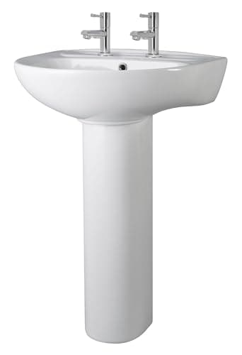 Image of Balterley 550mm Bathroom Sink, Full Pedestal Ceramic Round Bowl Bathroom Wash Basin Sink with Overflow, 2 Tap Hole, Floor Standing Basin Sinks for Cloakroom - 550 x 475 x 840mm (White)