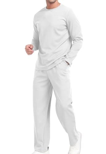 Image of KUYIGO Men's Crew Neck 2 Piece Outfits Long Sleeve Pullover Set Waffle Tops Bottoms Casual Mens t Shirt Suit Sweatshirt and Joggers Loungewear M White