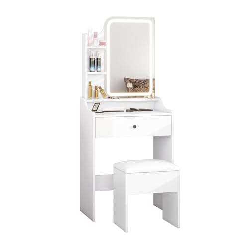 Image of Panana Dressing Table with LED Lights, Vanity Desk with 3-Color Mirror and 1 Big Drawers, Makeup Desk with Cushioned Storage Stool for Bedroom Dressing Room (White)