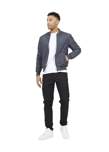 Image of BRAVE SOUL Mens Bomber Jacket Smart Casual Full Zip Up Long Sleeve 100% Polyester Outdoor Jacket for Men, Dark Grey Colour, Size- L