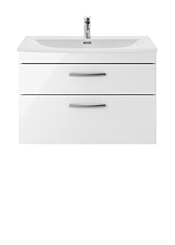 Image of nuie ATH069G Athena Modern Bathroom Wall Hung 2 Soft Close Drawers Vanity Unit with Curved Ceramic Basin with 30mm Profile, 800mm, Gloss White