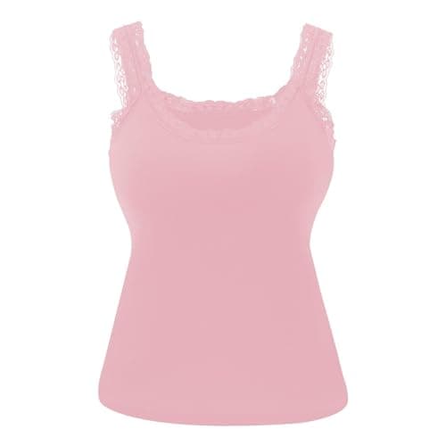 Image of Vest Top with Built in Bra UK, Lace Camisole Tops for Women - Summer Breathable Round Neck Sleeveless Vest Comfortable Casual Basic Tank Undershirt for Daily Wear Pink