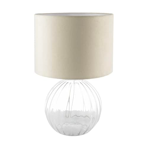 Image of Happy Homewares Contemporary Designer Clear Ribbed Glass Round Table Lamp with Matching White Velvet Drum Shade | 1 x E27 11w Maximum | 42cm Height