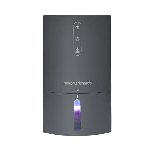 Image of Morphy Richards PureFresh 0.9L/Day Dehumidifier, Compact, Lightweight, Quiet, Ambient Lighting, Auto Shut off, Defrost, For Bedrooms, Wardrobes, Kitchens, Caravans, and Window Sills, Grey, 822001