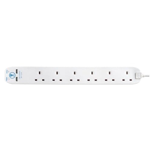 Image of Masterplug SRGU64N-MP 2 m Surge Protector 6-Socket Extension Cable with 2 x USB Sockets