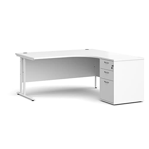 Image of Mr Office Maestro 25 right hand ergonomic desk with white cantilever frame and desk high pedestal bundle, White, 1600