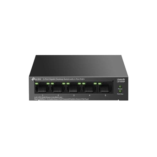 Image of TP-Link 5-Port Gigabit Desktop Ethernet Switch with 4-Port PoE+, 65 W PoE Budget, PoE Auto Recovery, Plug & Play, Metal Case, Ideal for IP Surveillance & Network Security (LS105GP)