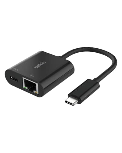 Image of Belkin Connect USB-C to Ethernet + Charge Adapter 100W w/Gigabit Ethernet Port and USB-C Port - [10/100/1000] Mbps for Fast Internet Connection - Compatible with iPhone 16, 15, Galaxy S24 & More