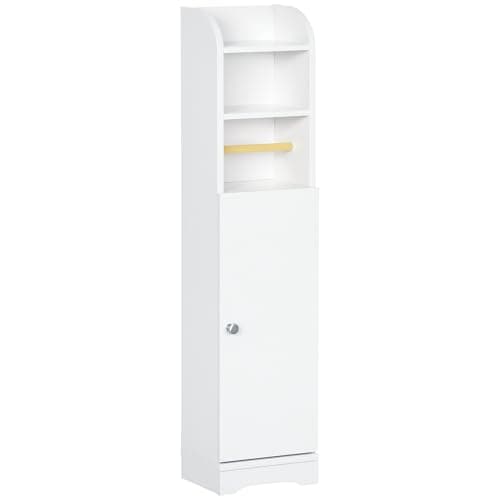Image of kleankin Slim Bathroom Storage Cabinet with 2 Open Shelves and Toilet Paper Roll Holder, Freestanding Bathroom Storage Unit with Adjustable Shelf, 23 x 18 x 100 cm, White