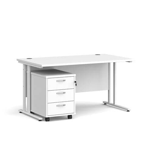 Image of Office Monster Cooper straight desk 1400mm x 800mm with white cantilever frame and 3 drawer pedestal - white