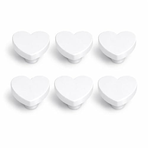 Image of (6-Pack) Heart Children’s Door Knobs – Decorative Pull Handles for Drawers & Cupboards – Nursery, Playroom & Bedroom Furniture Décor – Cute Heart-Shaped Knobs (4.5 x 4.5 cm) White