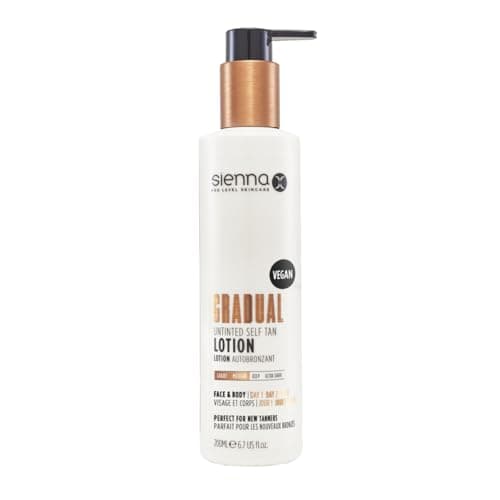 Image of Sienna X Untinted Gradual Self Tan Lotion 200ml. For A Natural, Glowing, Streak Free. Vegan Moisturiser With Anti-Cellulite Formula. Quick Drying And Non Sticky Tan with Coconut Scent.