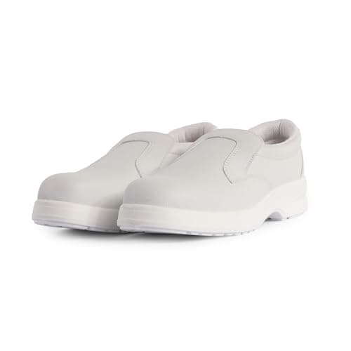 Image of White Safety Work Shoes S1 SRA, EN ISO 20345:2011 Certified, Slip Resistant Steel Toe Cap Shoes, Lightweight Slip-On Safety Footwear for Catering, Medical & Food Industry (UK6)
