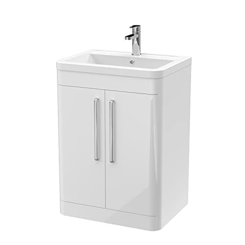 Image of Balterley Vanity Unit with Basin Floor Standing, 2 Door Soft Close with Rectangular Sink, Bathroom Vanity Units with Basin, Bathroom Sink Storage Cabinet - 610 x 450 x 840mm (Gloss White)