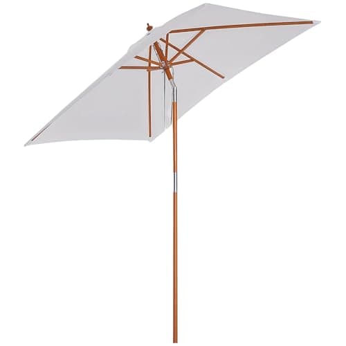 Image of Outsunny 2m x 1.5m Garden Parasol Umbrella with Tilting Sunshade Canopy, Outdoor Market Table Umbrella with Wood and Bamboo Frame, Cream White
