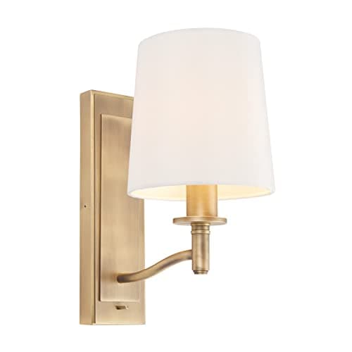 Image of Rowan Decorative Matt Antique Brass E14 LED Compatible Wall Light with a White Fabric Shade