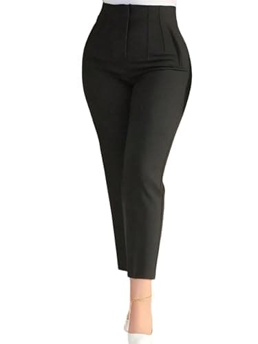 Image of SweatyRocks Women's Suit Trousers, High Waist Pleated Trousers, Elegant Trousers with Pockets, Business Outfit, Winter Trousers, Casual Trousers, 7/8 Trousers, Stretch, black, L