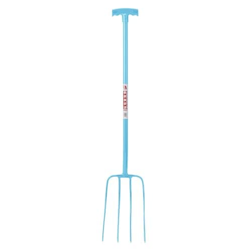 Image of Red Gorilla 4 Prong Manure Fork with T Handle Sky Blue Lightweight For Stable Bedding Mucking Out Metal Pitchfork for Hay and Garden Compost 114cm Long