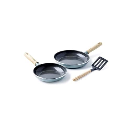 Image of GreenPan Mayflower Healthy Ceramic Non-Stick 3-Piece Frying Pan Skillet Set 20 cm & 24 cm, Including Slotted turner, Vintage Wood Handle, PFAS-Free, Induction, Smoky Blue