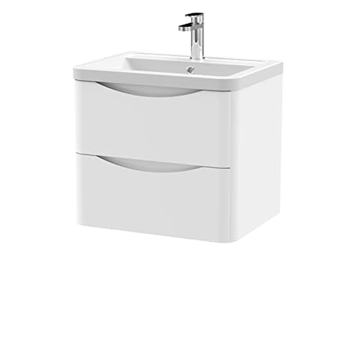 Image of nuie LUN102A Lunar Modern Bathroom Wall Hung 2 Drawer Vanity Basin Unit & Ceramic Basin, 600mm, Satin White