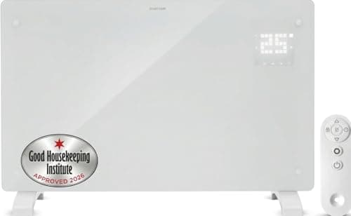 Image of Devola Wifi Enabled Smart Electric Glass Panel Heater 2000W | Alexa Heating Control, Open Window Detection, Wall Mounted & Free Standing Low Energy Heaters with Timer | Lot 20, DVPW2000WH (White)