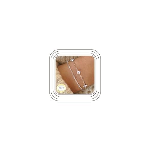 Image of LOLIAS 925 Sterling Silver Bracelet for Women Hypoallergenic Double Layered Bracelets Link Chain with Zirconia Adjustable Stackable Beaded Bracelet Birthday Gifts for Girls