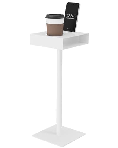 Image of Yawinhe Metal Square Side Table, Small Pedestal End Table,Drinks Table with Circular Cup Holder Slots and Mobile Phone Slots,Suitable for Living Rooms, Bedrooms,20x20x55cm,White,1 Pack, SZJ201W-1