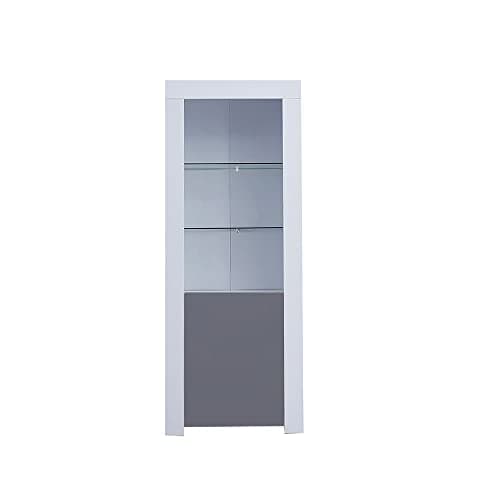Image of Panana High Gloss Tall Display Cabinet Wood Cupboard Sideboard Free Standing Storage Unit with Glass Shelves Door Blue LED Lights Living Room (Grey and White)