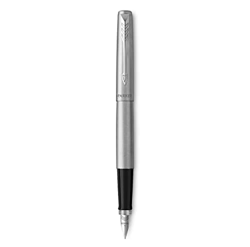 Image of Parker Jotter Fountain Pen | Stainless Steel with Chrome Trim | Medium Nib | Handwriting Pens & Stationery Supplies | Blue Ink | Gift Box