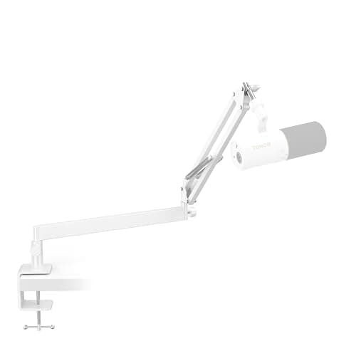 Image of TONOR Mic Arm Desk Mount, Low Profile Boom Arm for Microphone, Adjustable Mic Stand with Desk Mount Clamp, 3/8’’ and 5/8’’ Screwadapter for Most Micr, 38 cm +35 cm, White, T20LP
