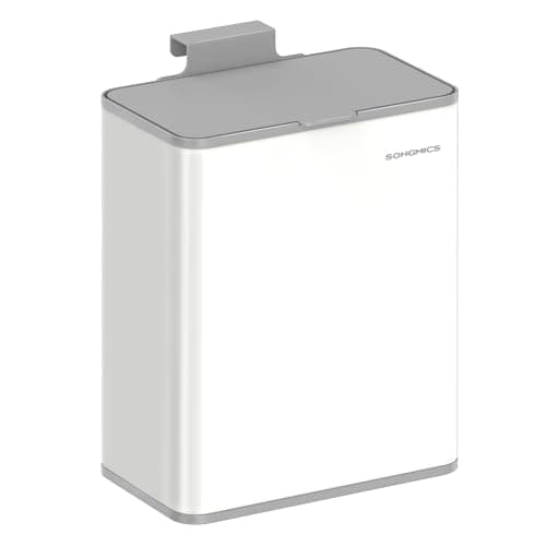 Image of SONGMICS Hanging Kitchen Bin, 2.1-Gallon (8 L) Steel Trash Bin with Lid for Food Waste, Cabinet Door Hanging or Wall-Mounted with Hooks, for Under Sink, Bathrooms, Cloud White LTB810W01