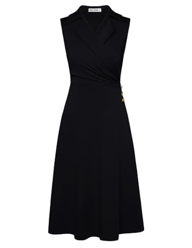 Image of Women Dresses A-Line Surplice V-Neck Midi Black Dress for Women Funeral Bridesmaid Prom Dress Buttons Black M