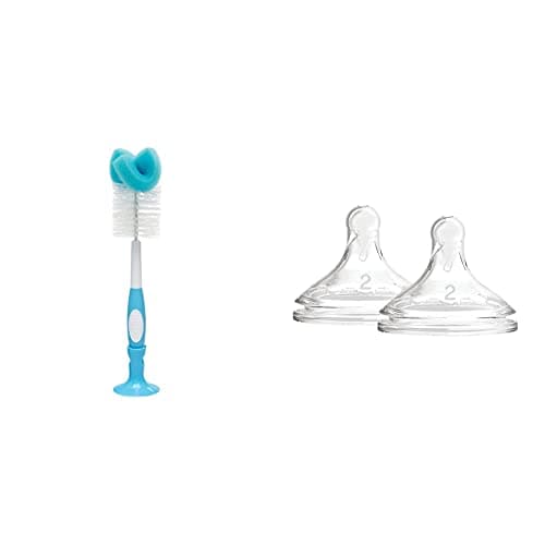 Image of Dr. Brown's Bottle and Teat Brush, Blue & Options+ Wide-Neck Bottle Teat Level 2 (3m+), Pack of 2