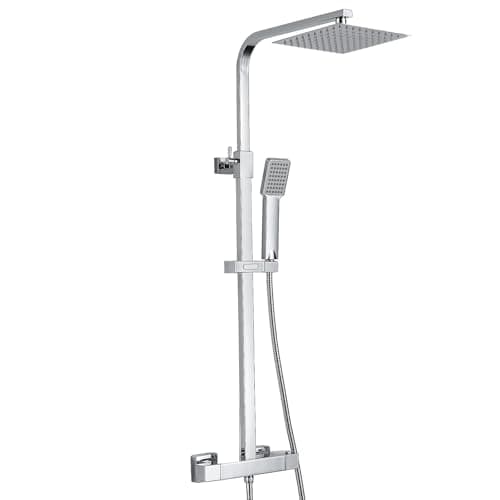 Image of Thermostatic Shower Mixer Set, NewEast Square Chrome Bathroom Thermostat Shower System with Overhead Rainfall Shower, Power Shower Unit