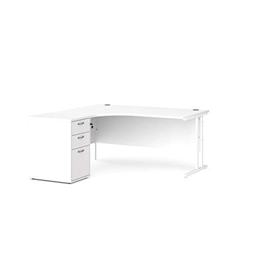 Image of Mr Office Maestro 25 left hand ergonomic desk with white cantilever frame and desk high pedestal bundle, White, 1600