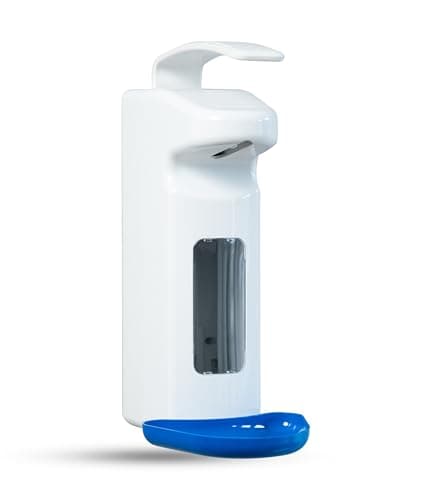 Image of Hygiene365® Disinfectant Dispenser SD2015, Manual Arm Lever Dispenser for 500-1000 ml - Euro Dispenser, Refillable (White with Blue Drip Tray)