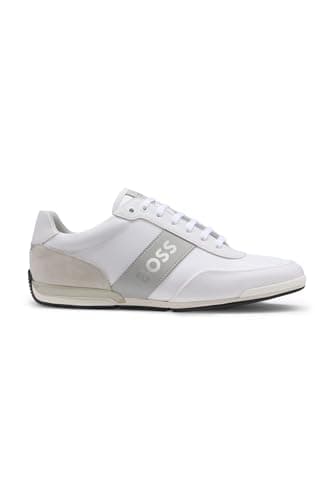 Image of BOSS Mens Saturn Lowp Leather-Trim Trainers with Logo Details Size 10