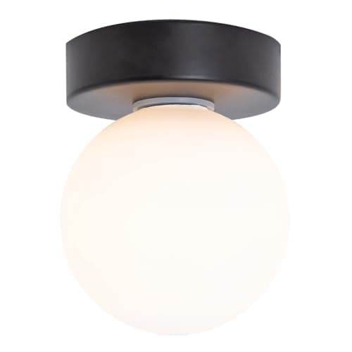 Image of Happy Homewares Modern Compact Bathroom Ceiling Light in Matte Black with Opal Glass Globe Shade | 13cm x 10cm | 1 x 5w G9 Bulb Required