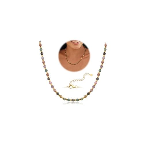 Image of ADRAMATA Beaded Necklace for Women Girls 5MM Natural Stone Necklaces 3MM Stainless Steel Bead Gold Plated Adjustable Handmade Crystal Necklace Summer Beach Boho Necklaces with Gift Box