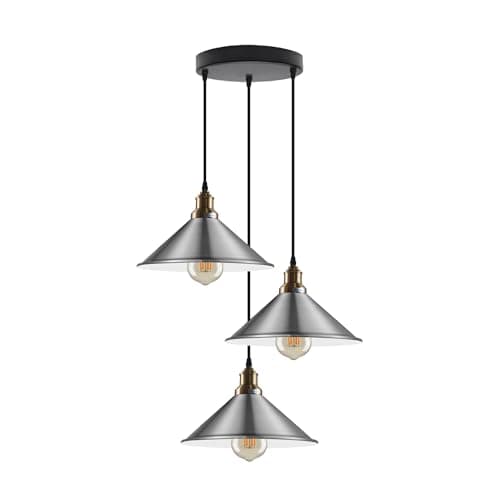 Image of LEDSone Vintage 3-Lights Pendant Fittings E27 Satin Nickel Metal Lampshade Hanging Industrial Ceiling Lights for Kitchen, Living Room, Dining Room, Bar, and Home Decoration Improvement